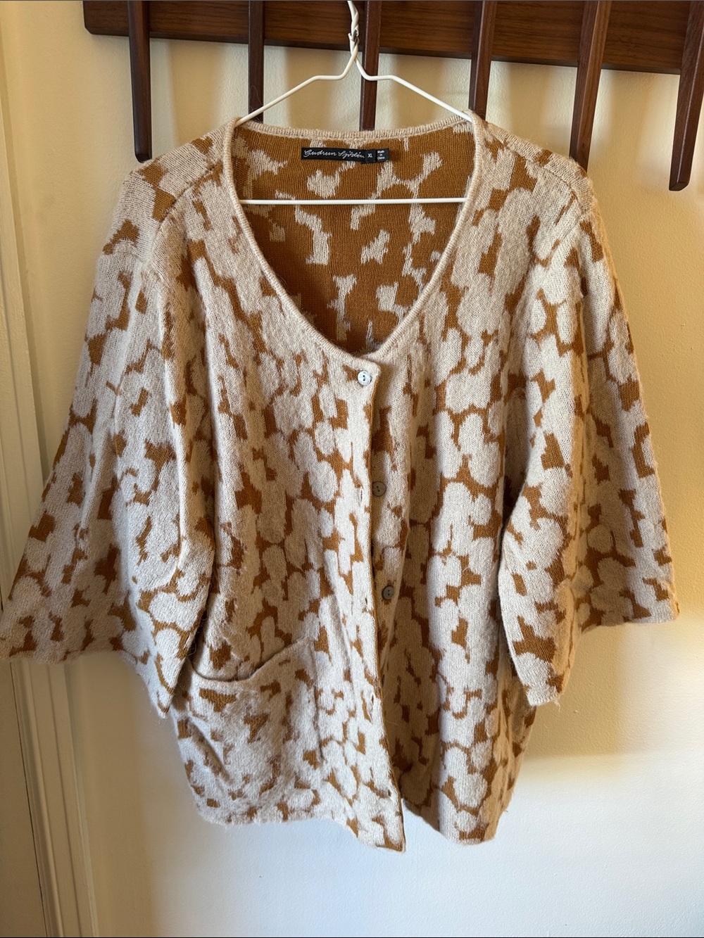Gudrun Sjoden Camel & Cream Patterned Button Cardigan Sweater Wool Alpaca